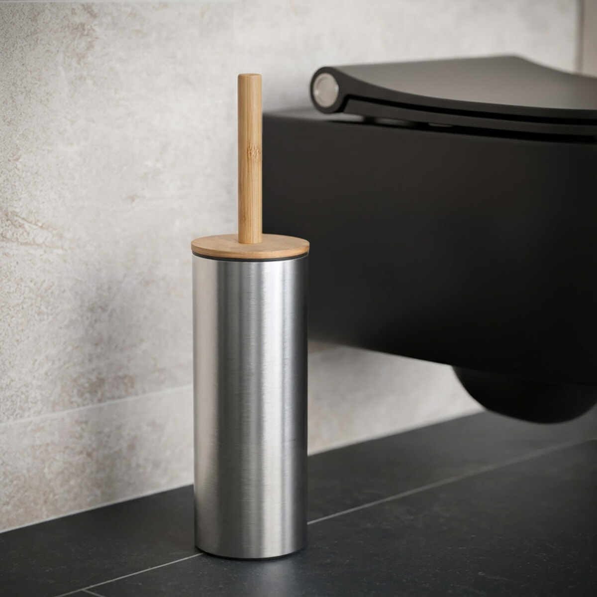 Brosse Wc avec support Acier Inox & Bambou ADONIS Brossé - Poils résistants en silicone Spirella