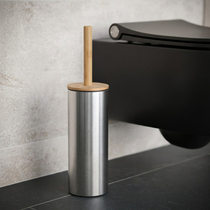 Brosse Wc avec support Acier Inox & Bambou ADONIS Brossé - Poils résistants en silicone Spirella