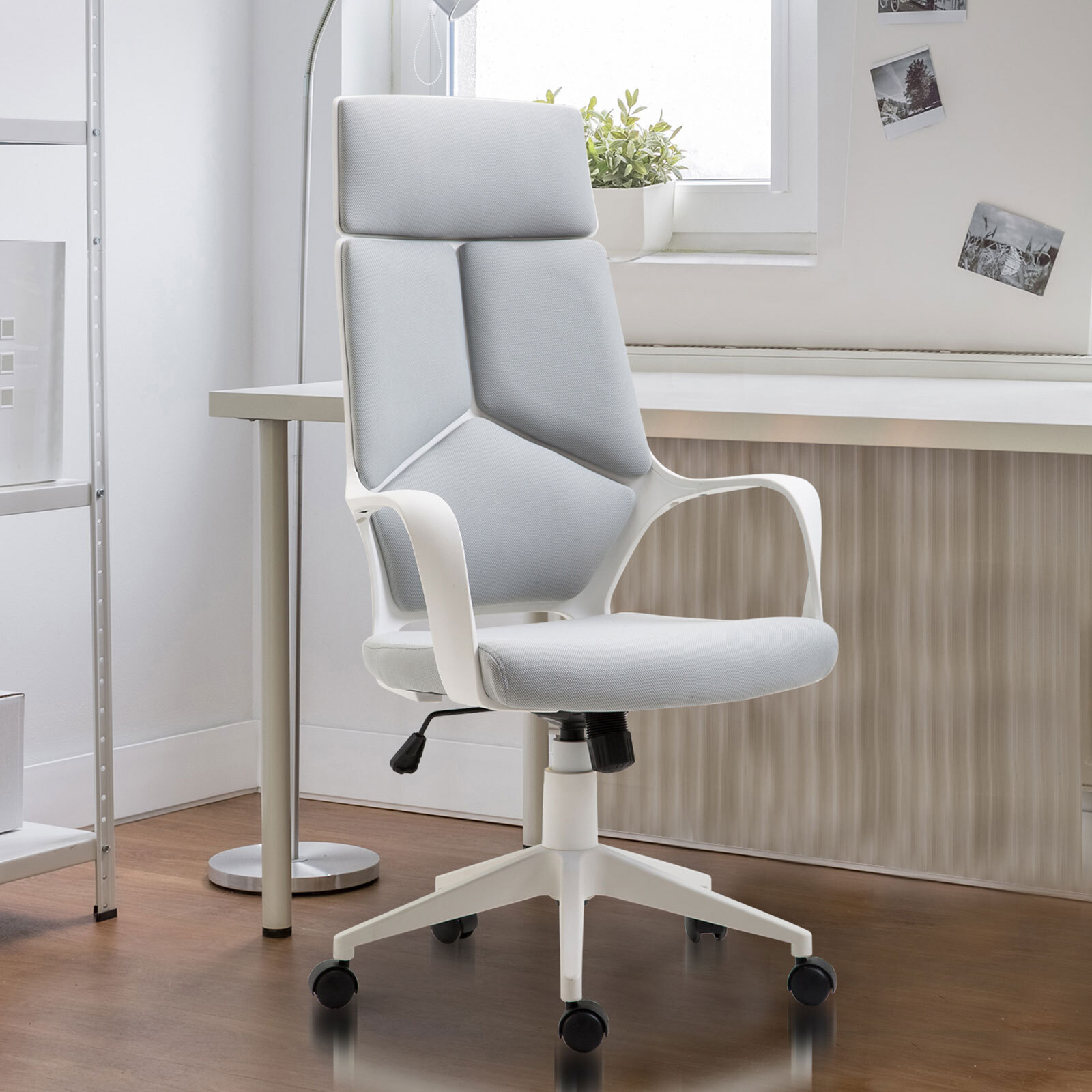 Silla de Oficina Giratoria, Función Basculante, Silla de Escritorio de Malla con Altura Ajustable, Respaldo Alto y Reposabrazos, para Estudio, Dormitorio, Despacho, Carga 120 kg, Gris
