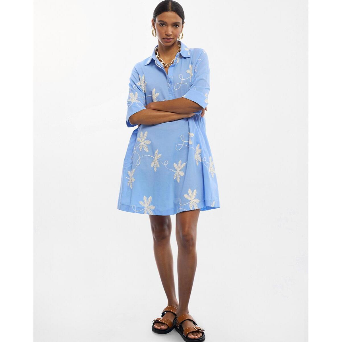 Abito camicia in cotone con ricamo floreale