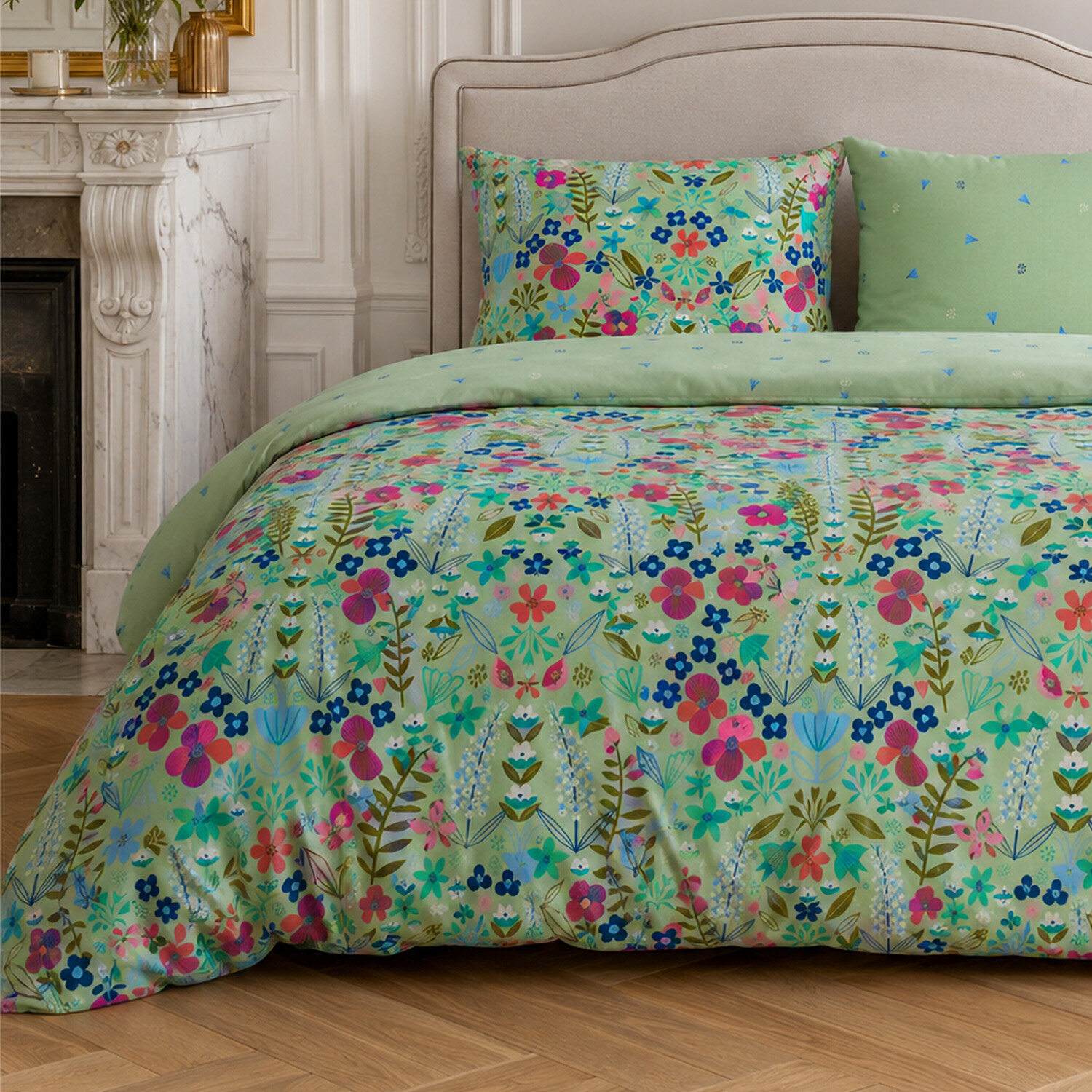 Parure housse de couette 100% percale de coton motif floral printemps vert - KATE MERRITT
