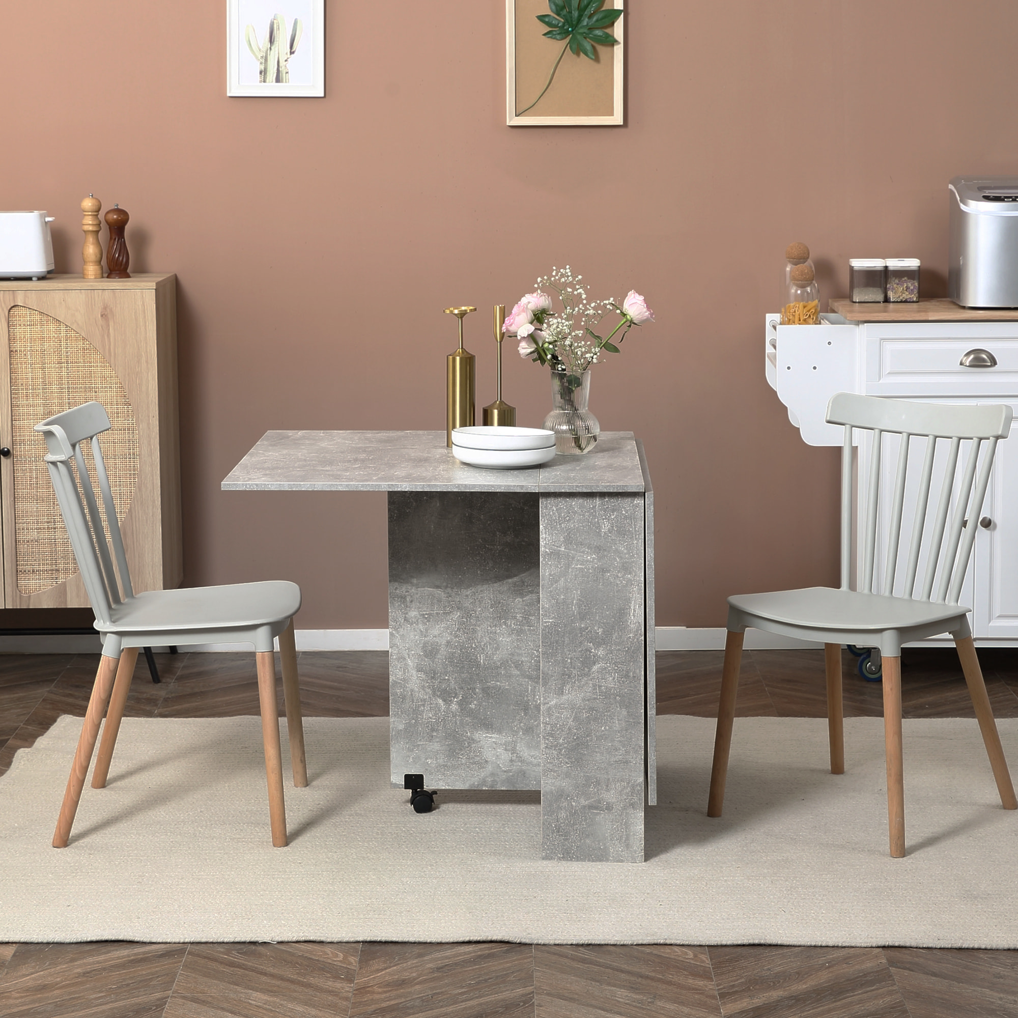 Mesa Plegable de Comedor Mesa de Cocina Plegable con Ruedas Alas Abatibles y Estantes Mesa Plegable para 4-6 Personas 75x140x74 cm Gris Cemento