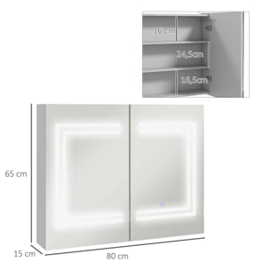 Armario de Baño con Espejo y Luz LED Mueble de Baño Colgante con 2 Puertas Estantes Ajustables Interruptor Táctil y Color de Luz Ajustable 80x15x65 cm Blanco Brillante