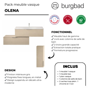 Meuble vasque 120 cm Olena en décaler chêne clair + colonne