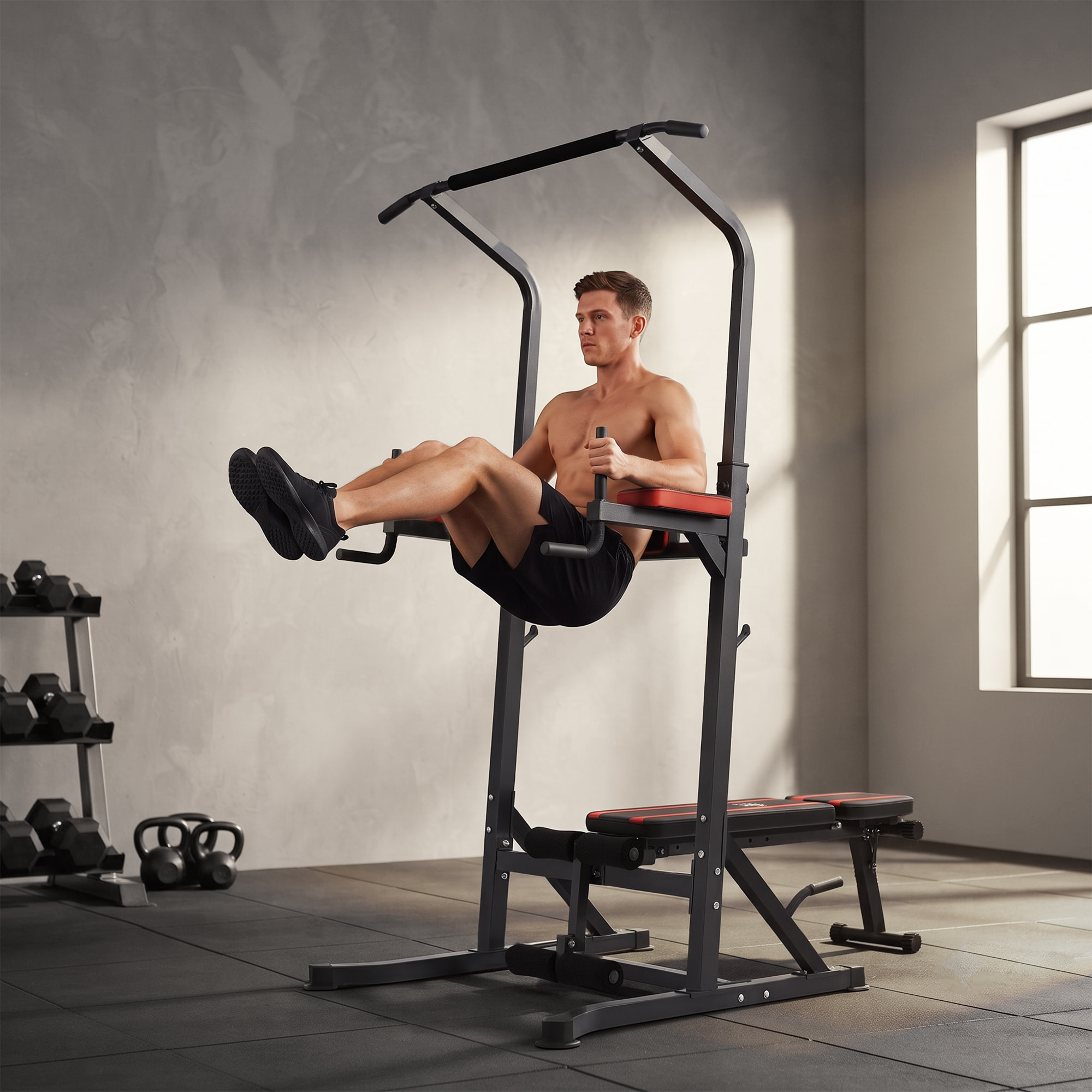 Estación de Musculación Plegable Torre de Entrenamiento Altura Ajustable con Barra de Dominadas Banco Reclinable para Fitness en Casa Gimnasio Carga 150 kg Antideslizante Acolchada Negro y Rojo