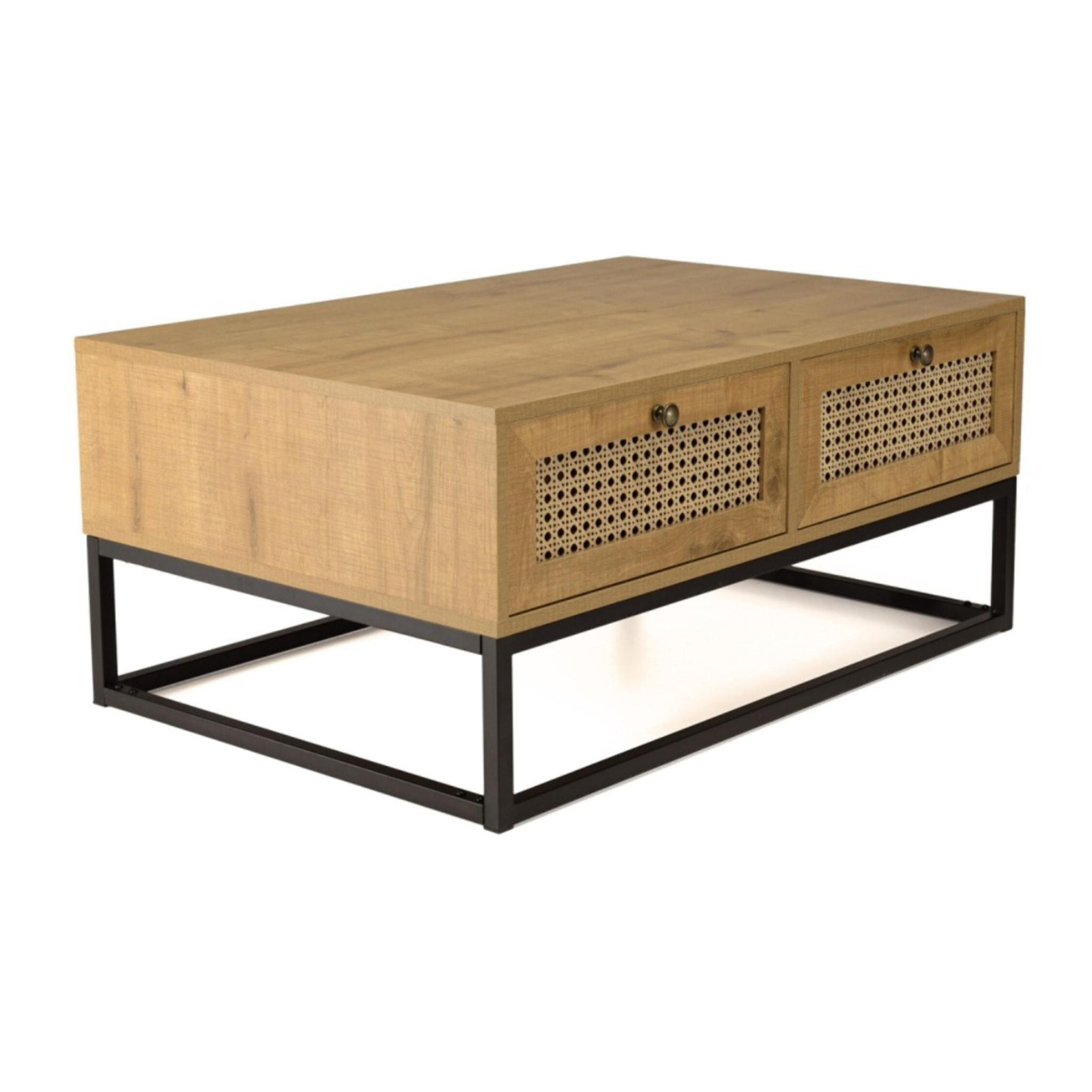 CHARLIE - Table basse marron 4 tiroirs effet cannage pieds métal noir