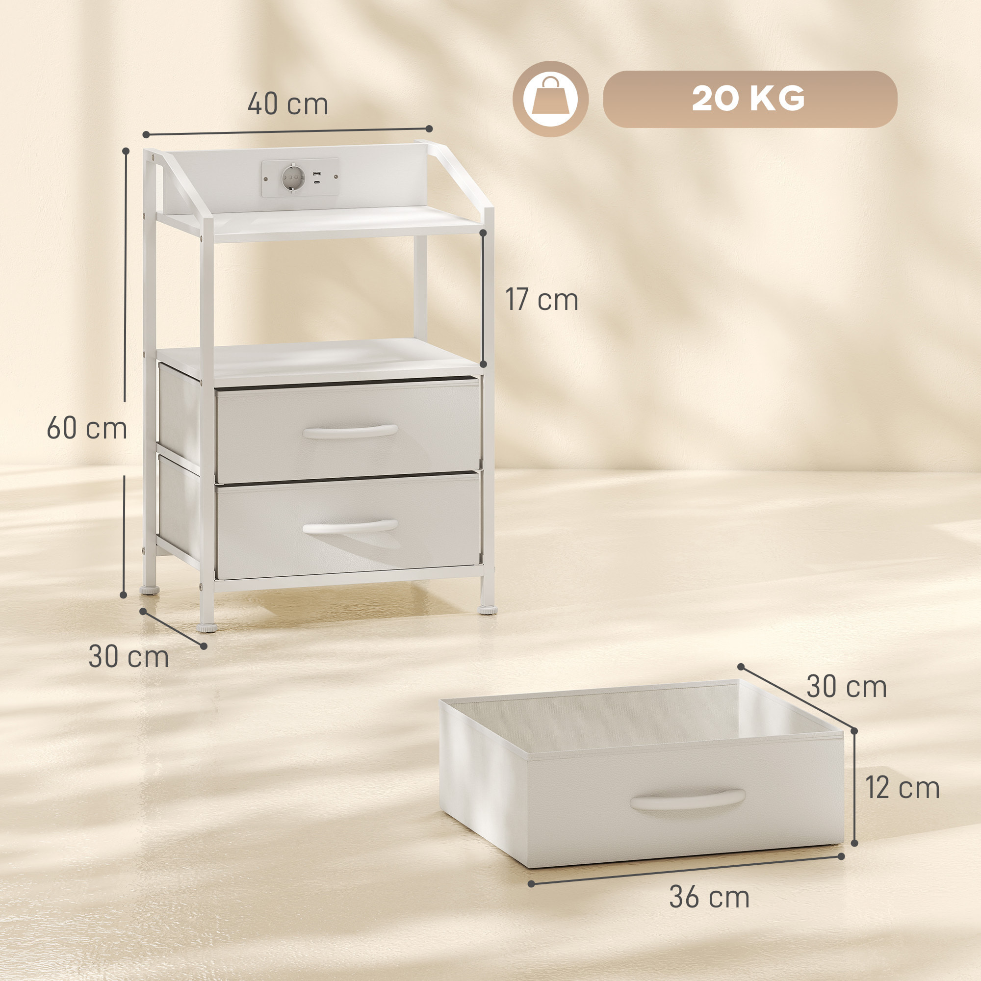 Juego de 2 Mesitas de Noche con Luces LED RGB y Estación de Carga, Mesitas Auxilifares con 2 Cajones de Tela, Diseño Moderno, para Dormitorio, Salón, 40x30x60 cm, Blanco