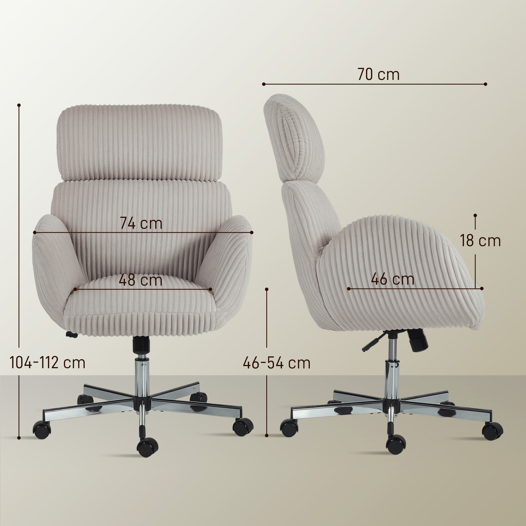 Silla de Oficina Piernas Cruzadas, Silla de Escritorio con Reposabrazos, Respaldo Alto, Reposacabezas Regulable, Ruedas, Altura Ajustable, Giratoria, Función Basculante, Tapizada en Pana, Gris