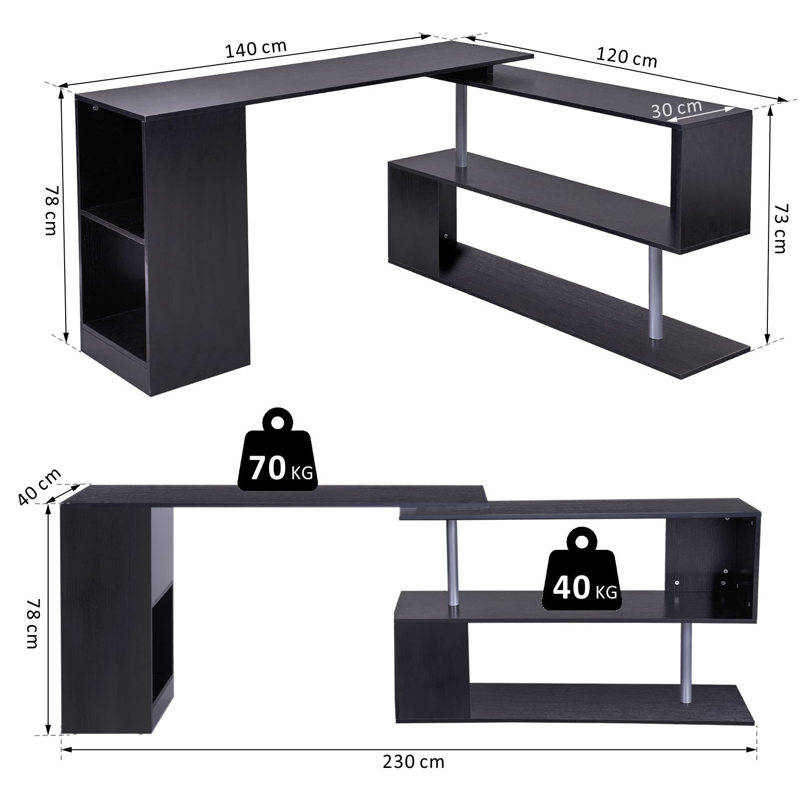 Bureau informatique multimédia modulable design contemporain zig zag bibliothèque intégrée panneaux particules noir métal