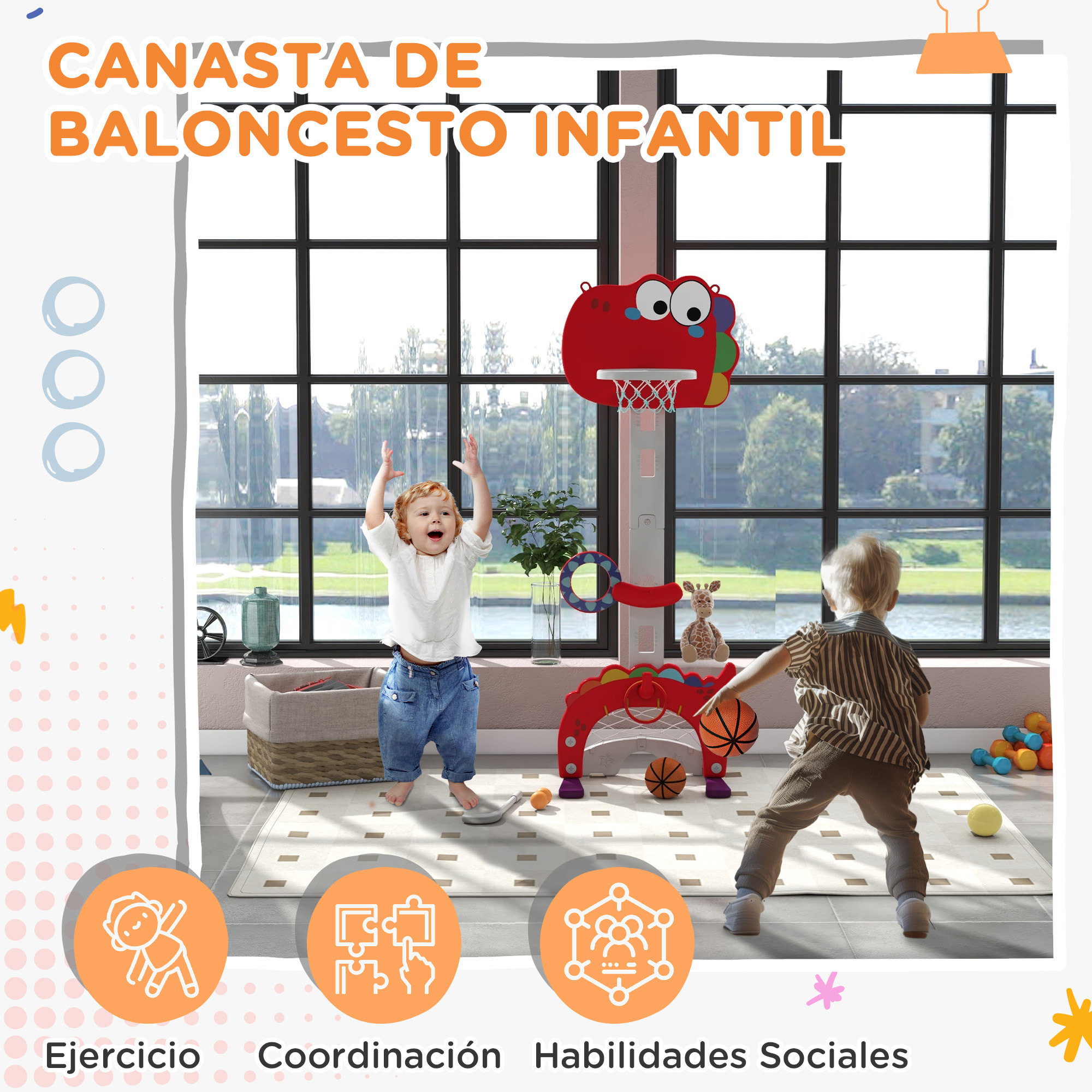 Canasta de Baloncesto Infantil 5 en 1 Canasta de Baloncesto para Niños Altura Ajustable con Fútbol €‹€‹Golf Lazo Juego de Lanzamiento de Pelota para Interior Rojo
