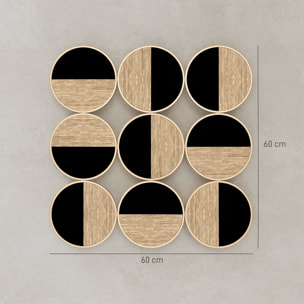 Cuadro Decorativo de Pared Geométrico, Adorno Moderno 3D de 60x60 cm, Escultura de Pared con Espejo de Plástico, Marco Metálico, para Salón, Dormitorio, Pasillo, Negro y Madera Natural