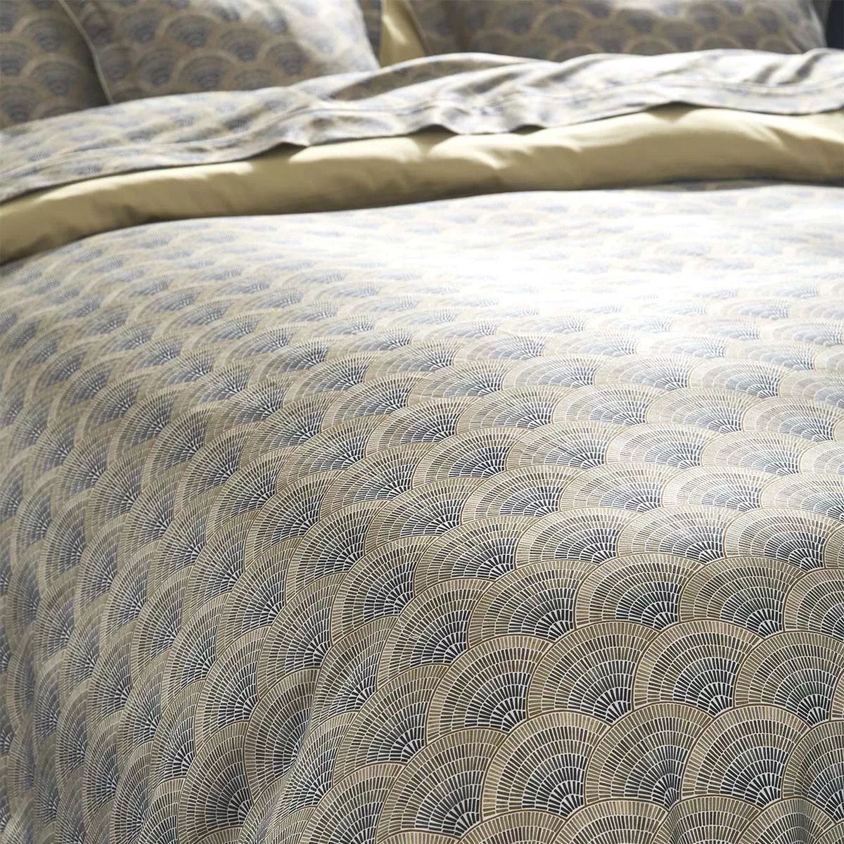 Housse de couette satin de coton imprimé beige Eventails argile