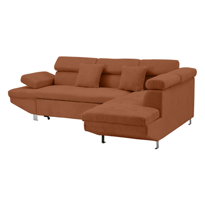 Margaux - Canapé d'angle droit 5 places convertible avec coffre et têtières réglables en velours texturé - Terracotta