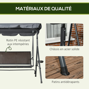 Balancelle de jardin 3 places - auvent réglable, plateaux porte-gobelets - résine tressée PE brun acier polyester gris