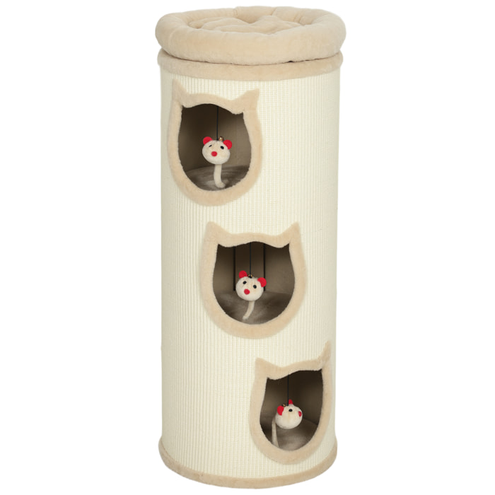 Tour à griffer pour chat - arbre à chat - 3 niches, 3 jouets, panier haut - sisal peluche beige
