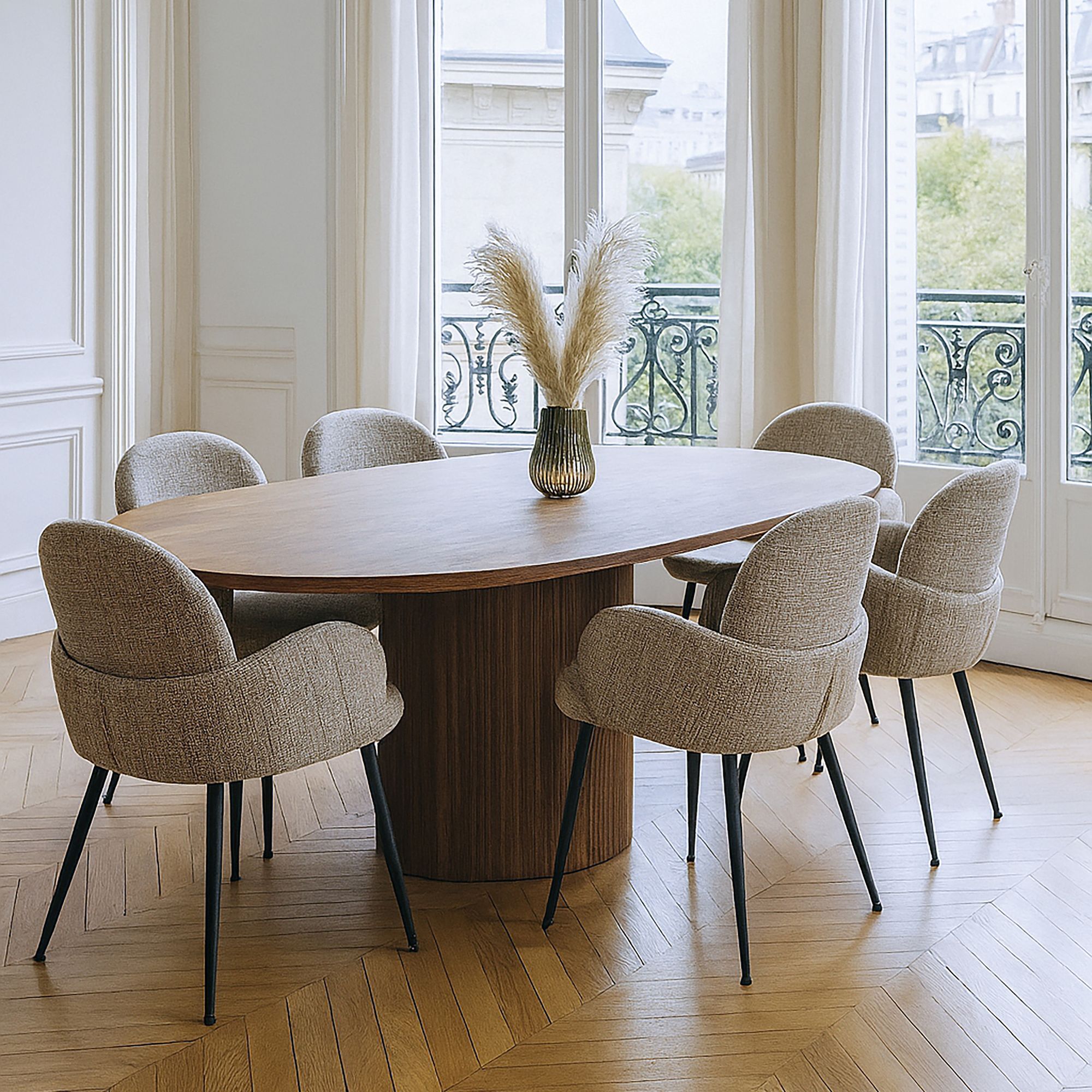 Ensemble table ovale extensible et 6 fauteuils en tweed SIERRA