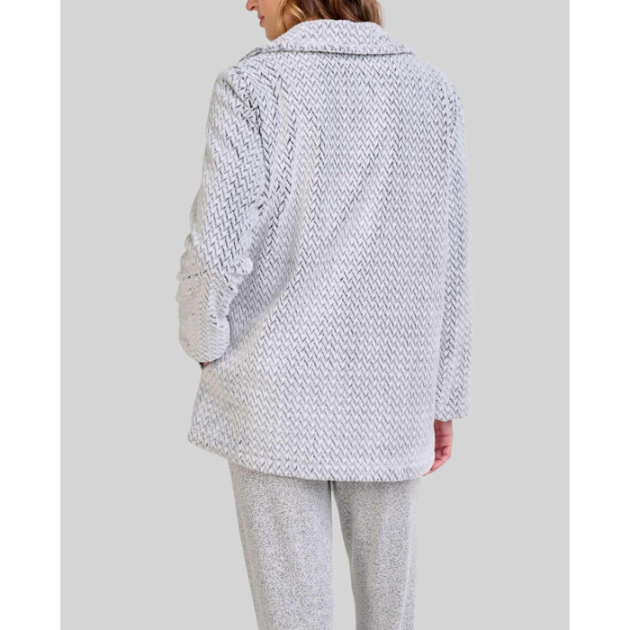 Bata mujer corta tejido Jacquard con dibujo espiga, abertura de botones, bolsillos laterales y manga larga