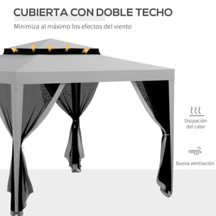 Carpa de Jardín 3x3 m Cenador Gazebo con 4 Mosquiteras Laterales Techo Doble 8 Orificios de Drenaje y Marco de Metal para Terraza Patio Exterior Gris