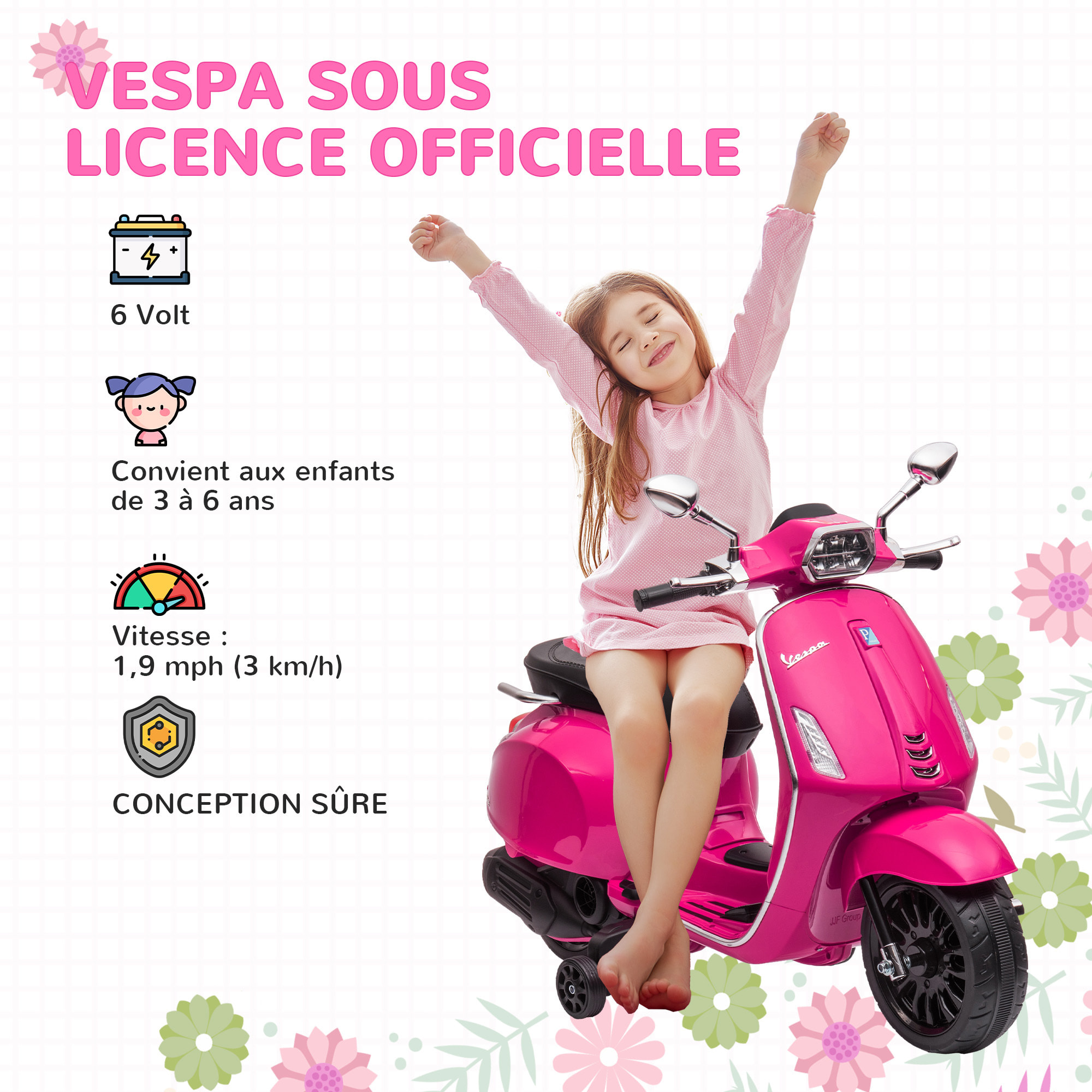 Scooter électrique enfant Vespa 6V - musiques, feu AV, entrée USB, radio FM - 2 roues support aux. - rose