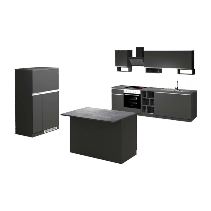 Cucina completa Arlo, Set con dispensa, Mobile per cucinotto, Kit blocco con isola e portafrigo, 100% Made in Italy, Antracite e Ardesia