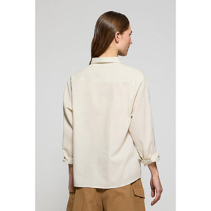 Camisa beige loose fit de lino y algodón con monograma bordado