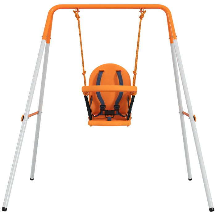 Columpio para Bebés, Columpio Jardín Exterior de Acero con Respaldo, Cinturón de Seguridad, Marco Forma A, para Niños de 6-36 Meses, para Interior y Exterior, Carga 25 kg, Naranja