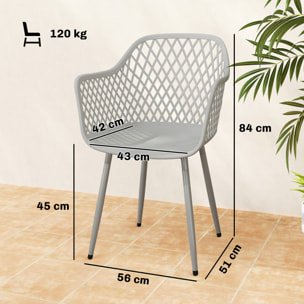 Juego de 4 Sillas de Jardín Exterior, Sillas Terraza Exterior con Respaldo Diamante, Asiento de PP Anti-UV, Reposabrazos y Patas Metálicas, para Terraza, Balcón, 56x51x84 cm, Gris