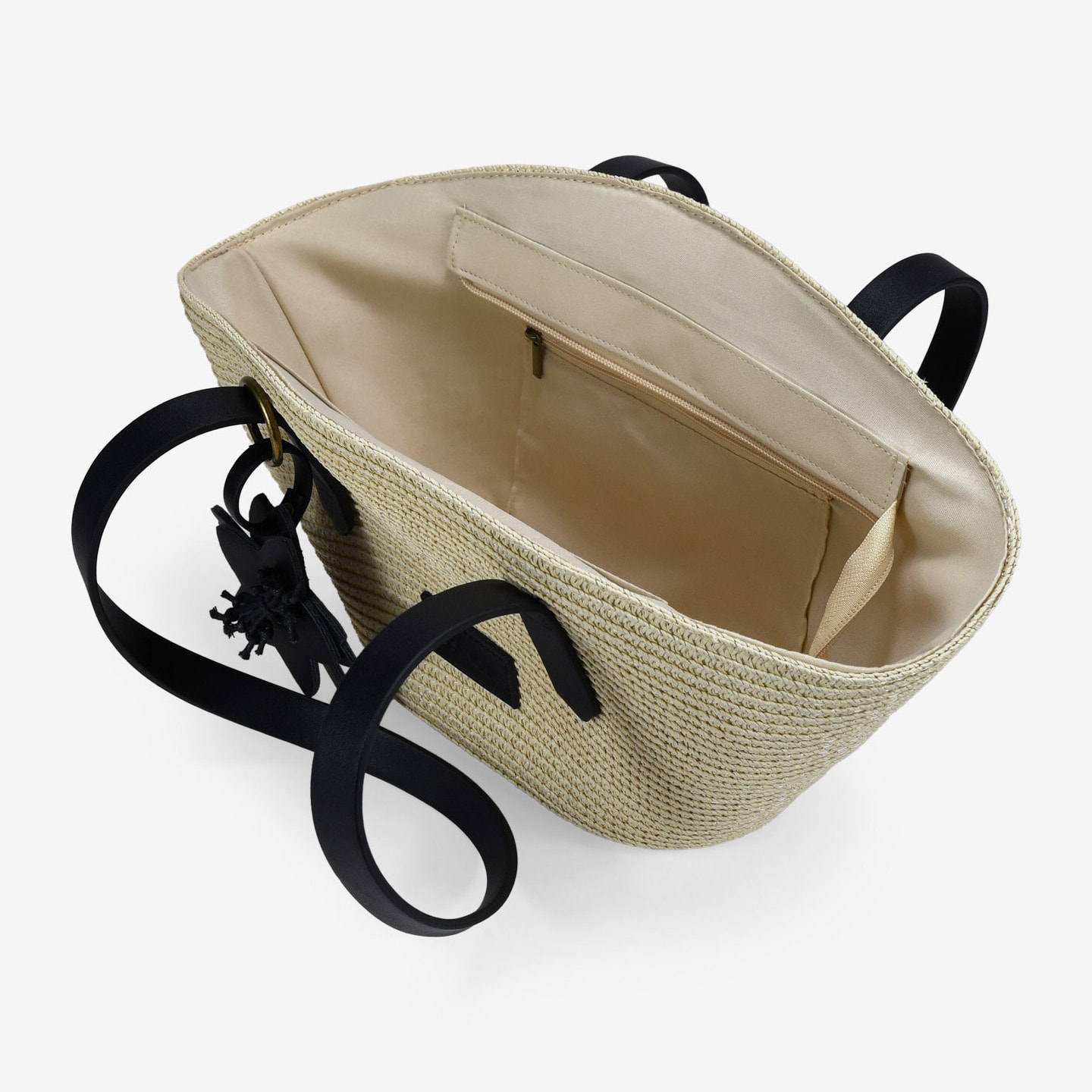 Bolso capazo beige en rafia con charm de flor