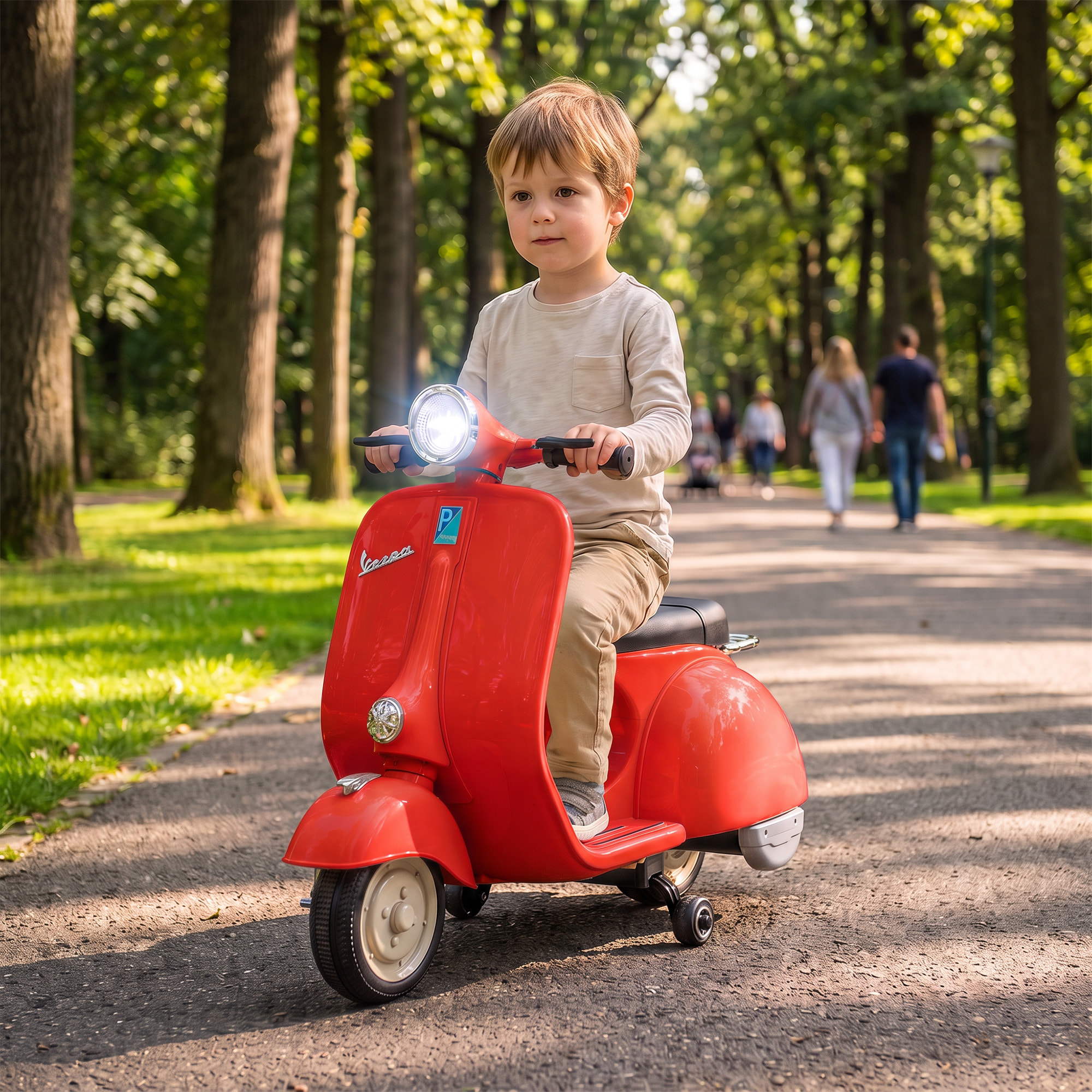 Moto Eléctrica para Niños Licencia VESPA 6V, Moto Eléctrica Infantil con Arranque Suave, Ruedines Desmontables, Luz Delantera, Música, Bocina, USB, Avance, Atrás, para Niños de +3 Años, Rojo