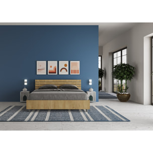Cama con almacenaje 160x200 con cabecera recta de listones roble natural Ankel