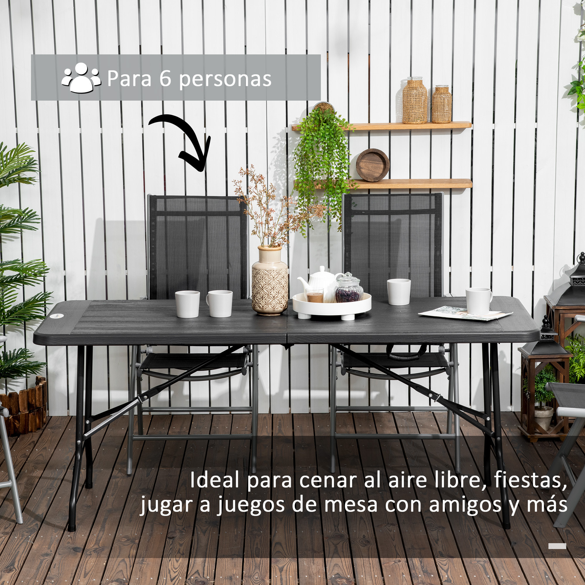 Mesa Plegable de Jardín Rectangular Portátil 180x75,5x73 cm Mesa Jardín Exterior de Acero y HDPE con Asa de Transporte para 6 Personas Carga 100 kg Gris Oscuro