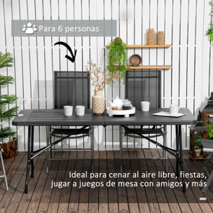 Mesa Plegable de Jardín Rectangular Portátil 180x75,5x73 cm Mesa Jardín Exterior de Acero y HDPE con Asa de Transporte para 6 Personas Carga 100 kg Gris Oscuro
