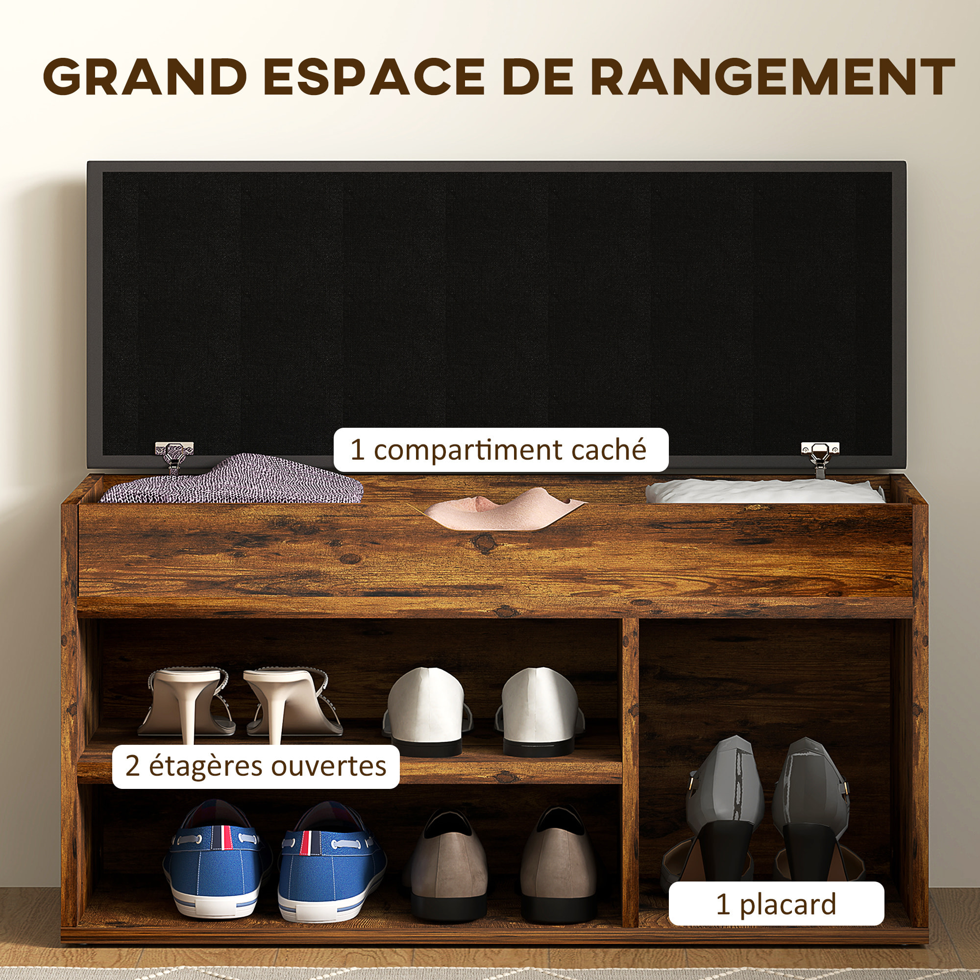 Meuble chaussures banc à chaussures 2 niveaux rangement, niche, coffre coussin noir effet bois
