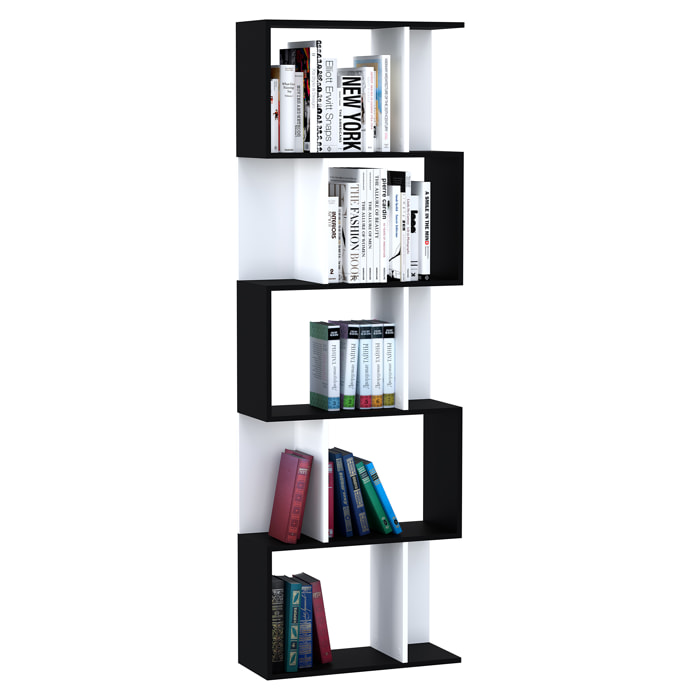 Estantería Librería de 5 Niveles Estantería de Madera Estantería para Libros en Forma de S Diseño Moderno para Salón Oficina 60x24x184,5 cm Blanco y Negro