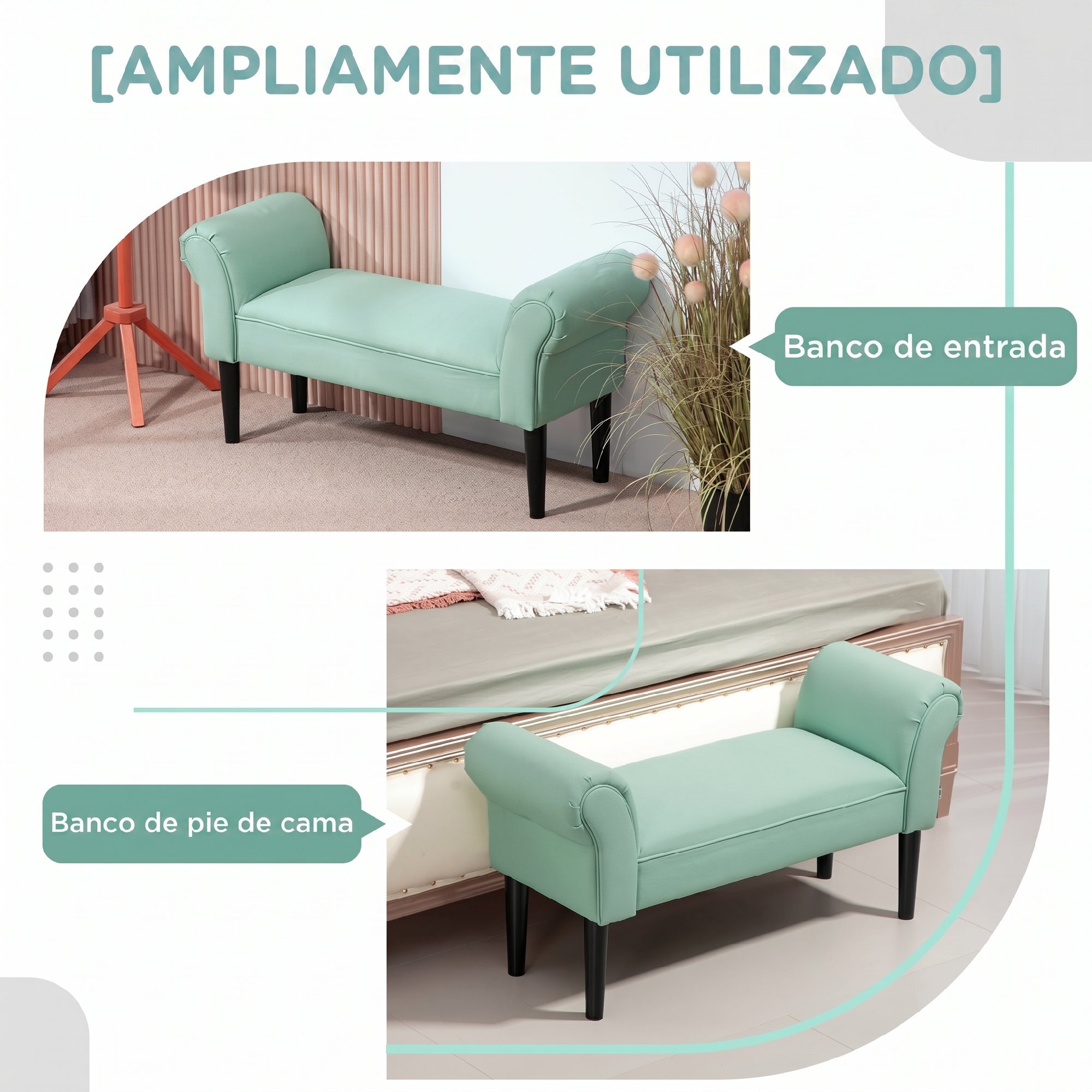 Banco Pie de Cama, Taburete Pie de Cama Tapizado en Lona con Patas de Madera, Reposabrazos y Asiento Acolchado, Estilo Moderno, Banco para Dormitorio, Entrada, Pasillo, Verde Claro