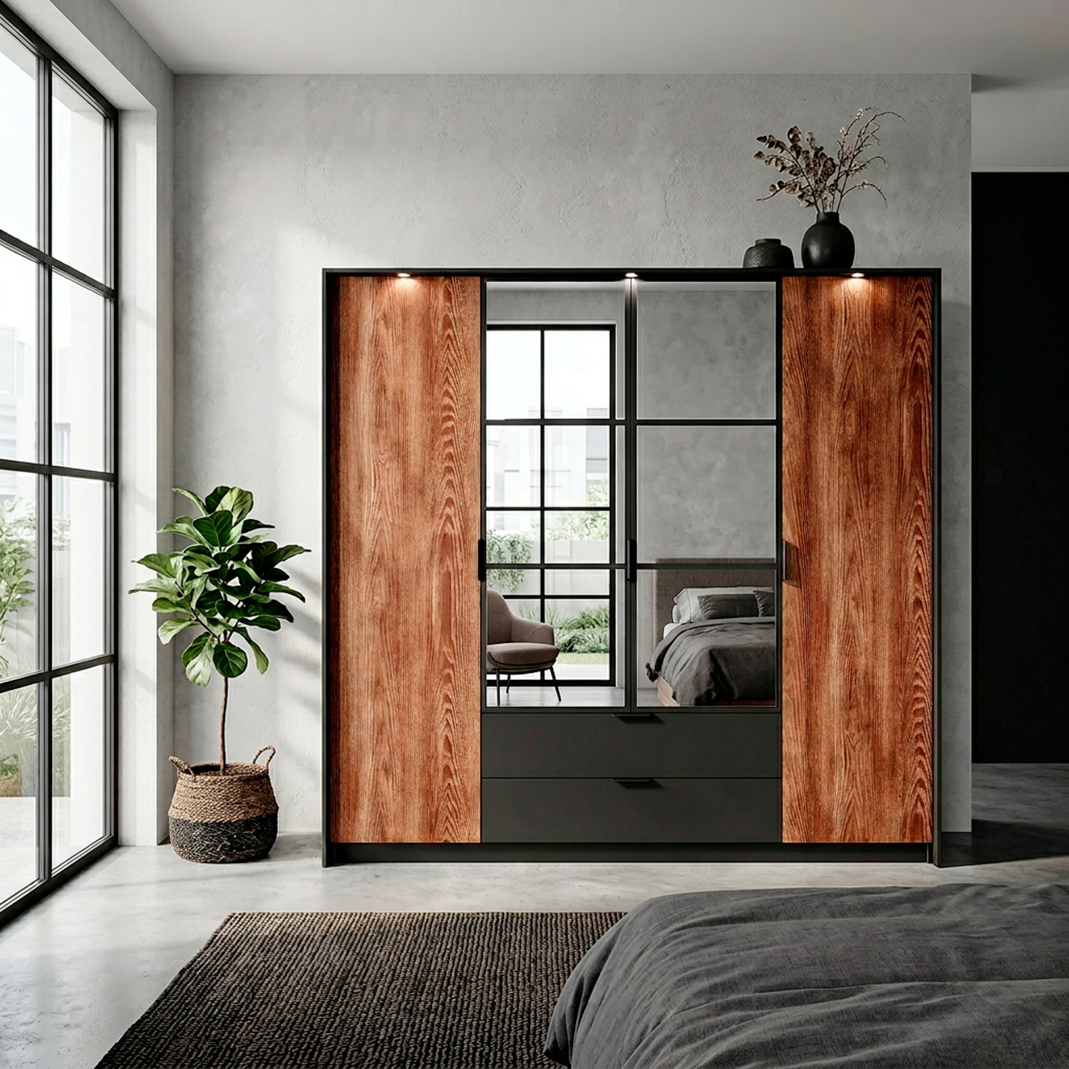 Armadio Guardaroba 4 Ante Con Specchi E 2 Cassetti Per Camera Da Letto 9 Ripiani E Tubo Appendiabiti Moderno 223.2 x 210 x 59 Cm Castagno E Antracite