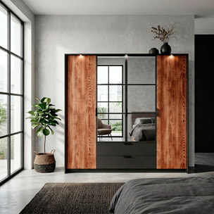Armadio Guardaroba 4 Ante Con Specchi E 2 Cassetti Per Camera Da Letto 9 Ripiani E Tubo Appendiabiti Moderno 223.2 x 210 x 59 Cm Castagno E Antracite