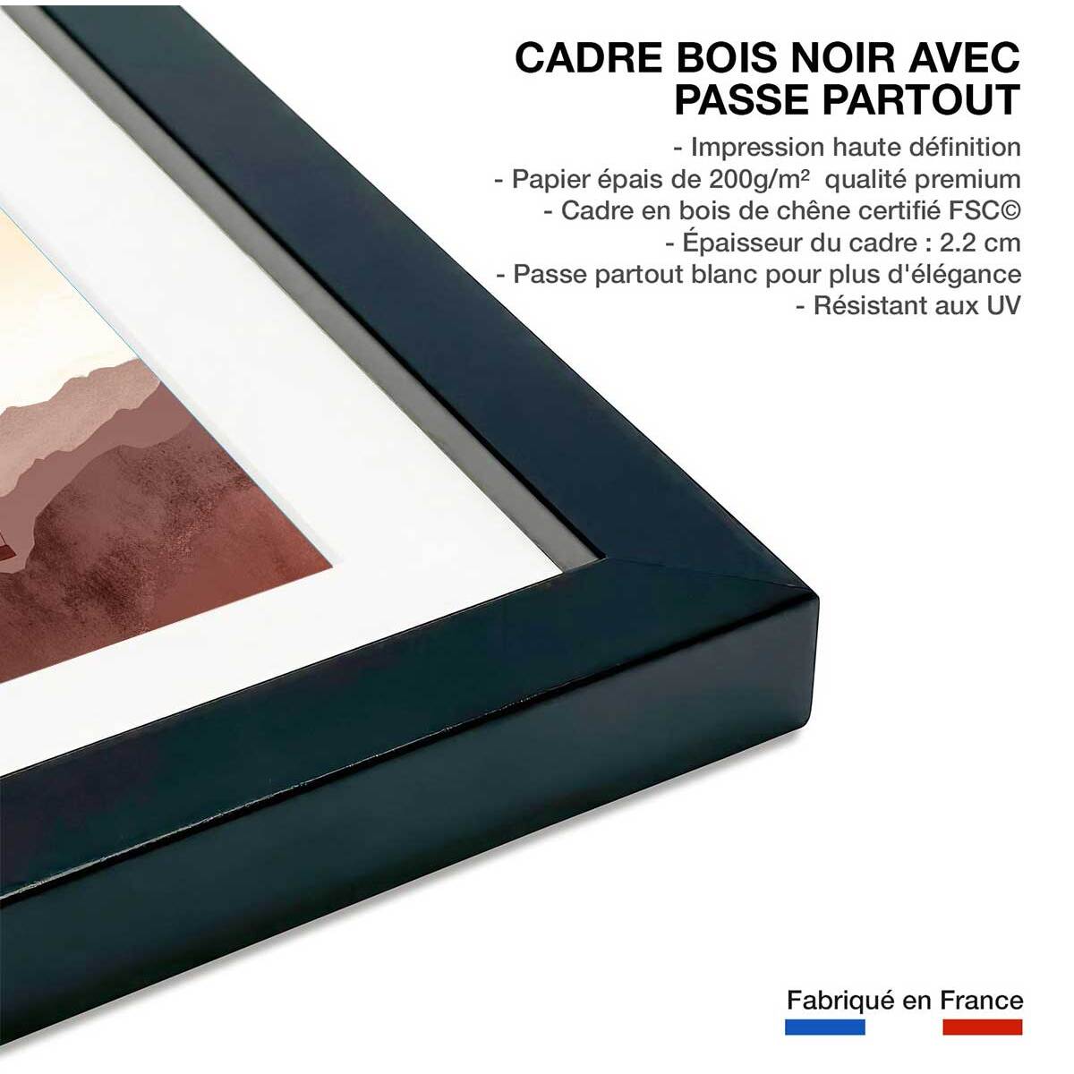 Affiche enfant ciel de montgolfière  Affiche + cadre en bois - Noir