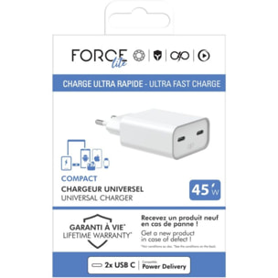 Chargeur FORCE POWER 2x USB-C 45W Recyclé Blanc
