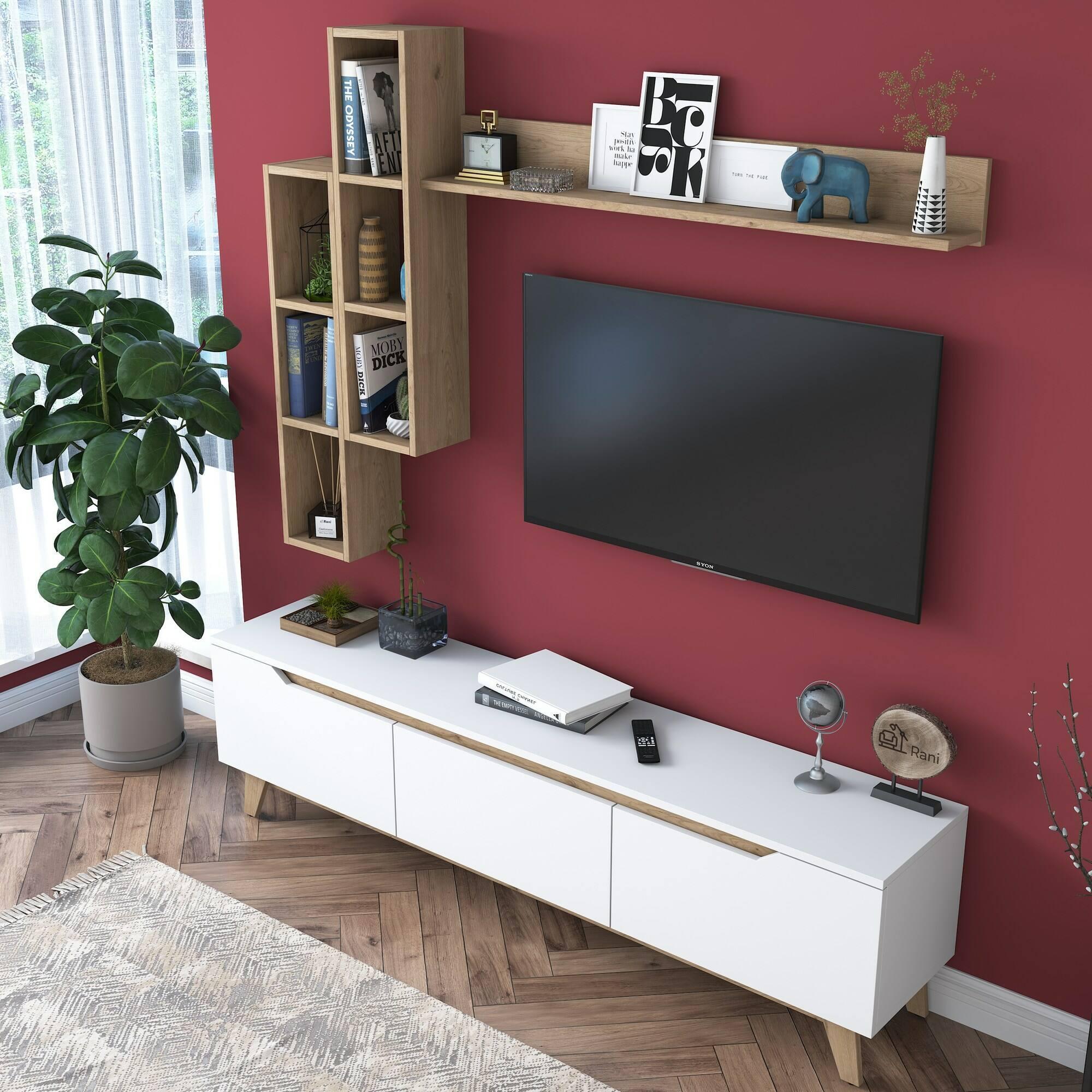 Parete attrezzata Dleonard, Composizione soggiorno, Mobile salotto multiuso, Armadio porta TV, 180x35h49 cm, Bianco e Rovere