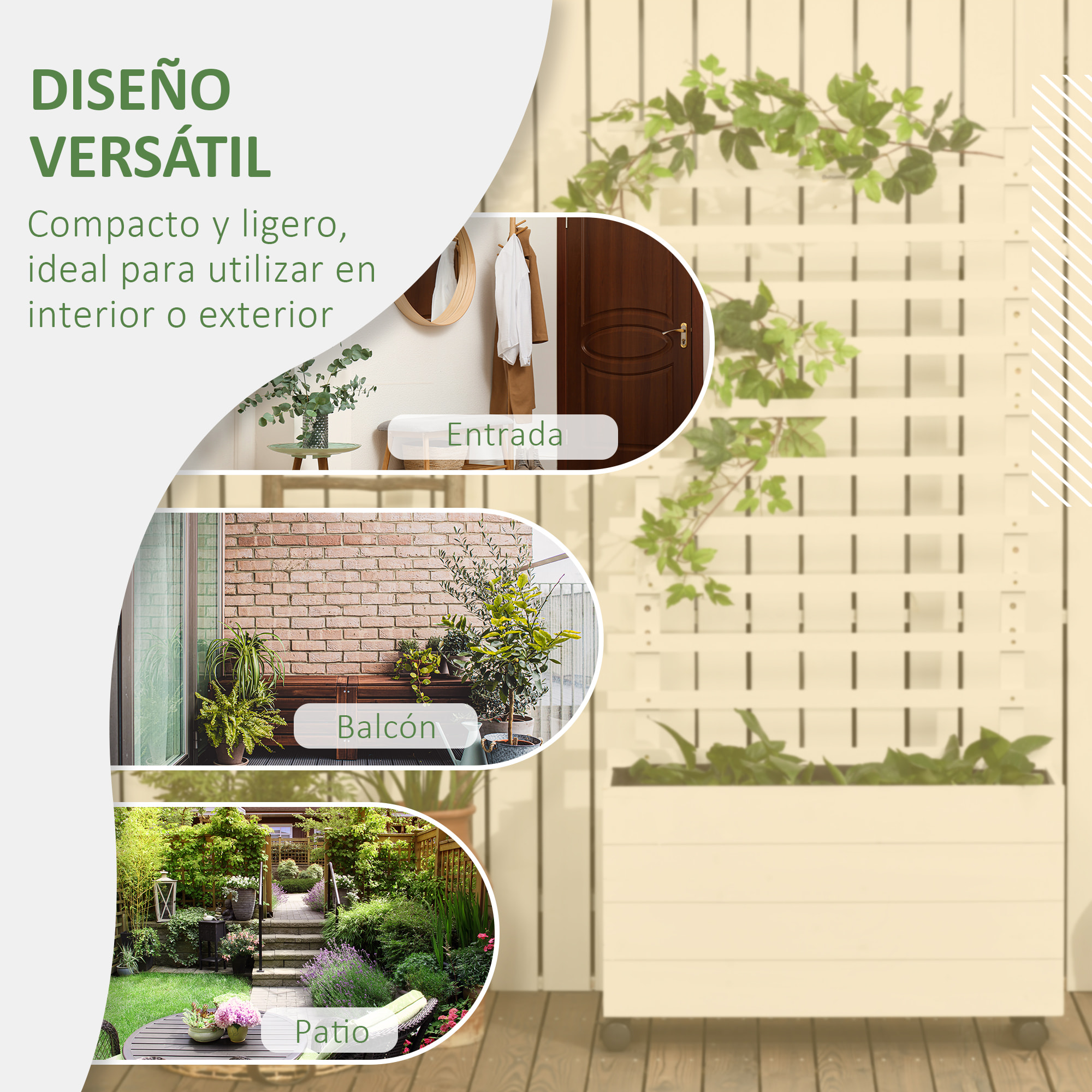 Jardinera con Enrejado de Madera Maciza con 4 Ruedas Macetero de Jardín con Soporte para Trepadora y Tela Geotextil para Cultivos Plantas Flores en Exterior 76x30x155 cm Blanco