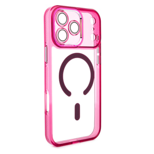 Custodia trasparente con camera coperta e bordi fucsia. Magsafe per iPhone 17 Pro Max.