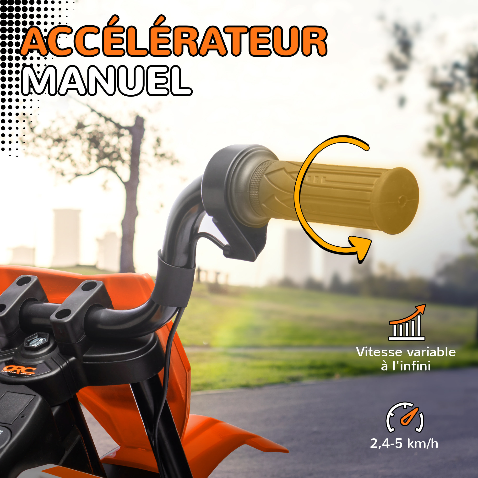 Moto cross électrique dirt bike enfant 12V 2 moteurs 2 vitesses 2,4-5 Km/h musiques orange