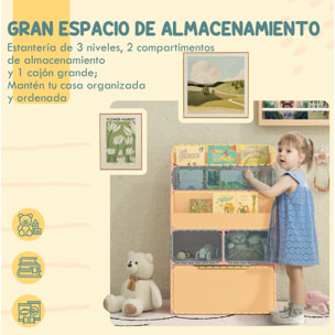 Estantería Infantil de Madera con 3 Compartimentos 2 Cubos y Cajón Móvil con 4 Ruedas Librería Infantil para Habitación de Niños Sala de Juegos 60x29,9x90 cm Rosa