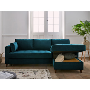 Anna - canapé d'angle droit - 4 places - convertible avec coffre - en velours - Bleu canard