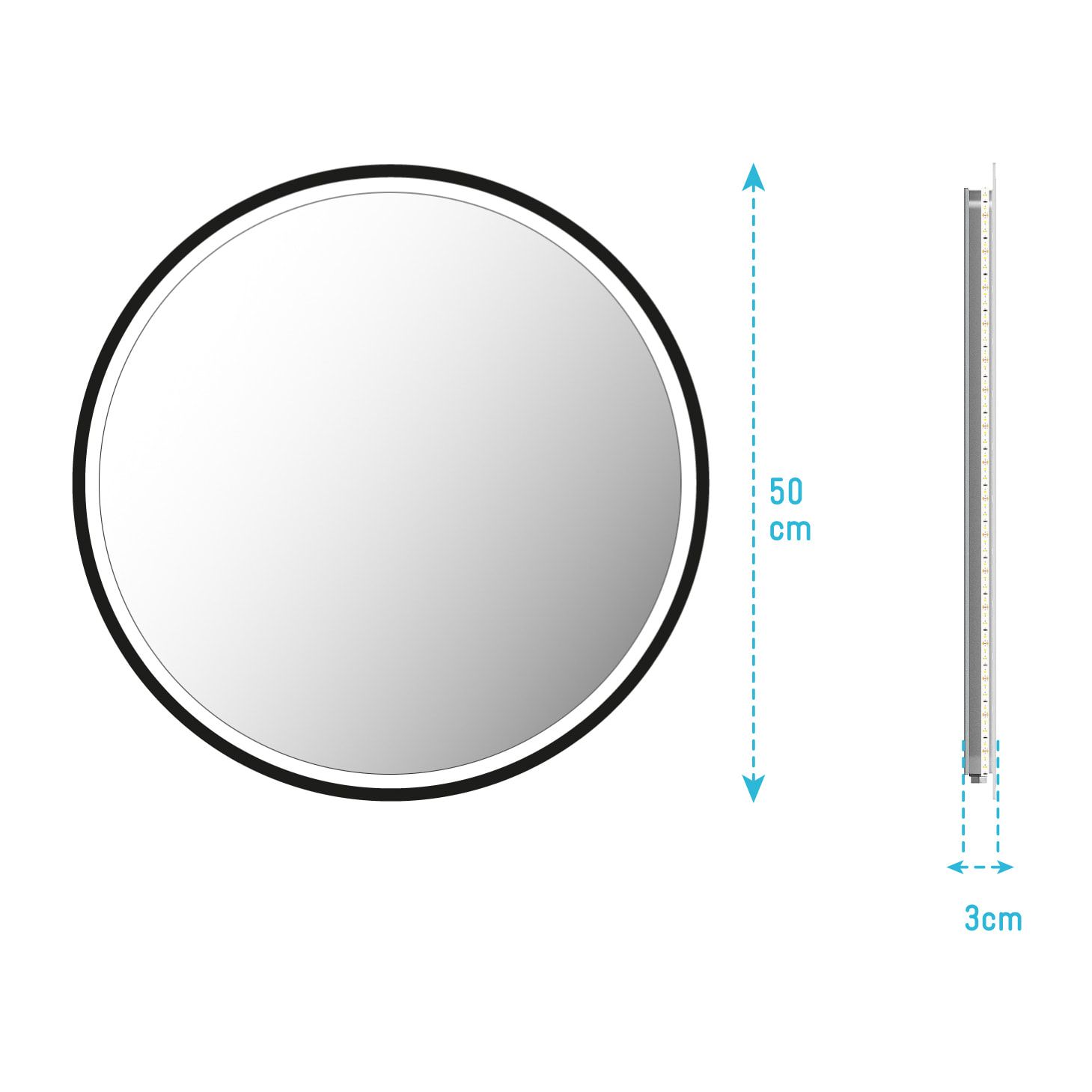 Miroir salle de bain ROND avec éclairage LED et contour noir - Diam 50cm