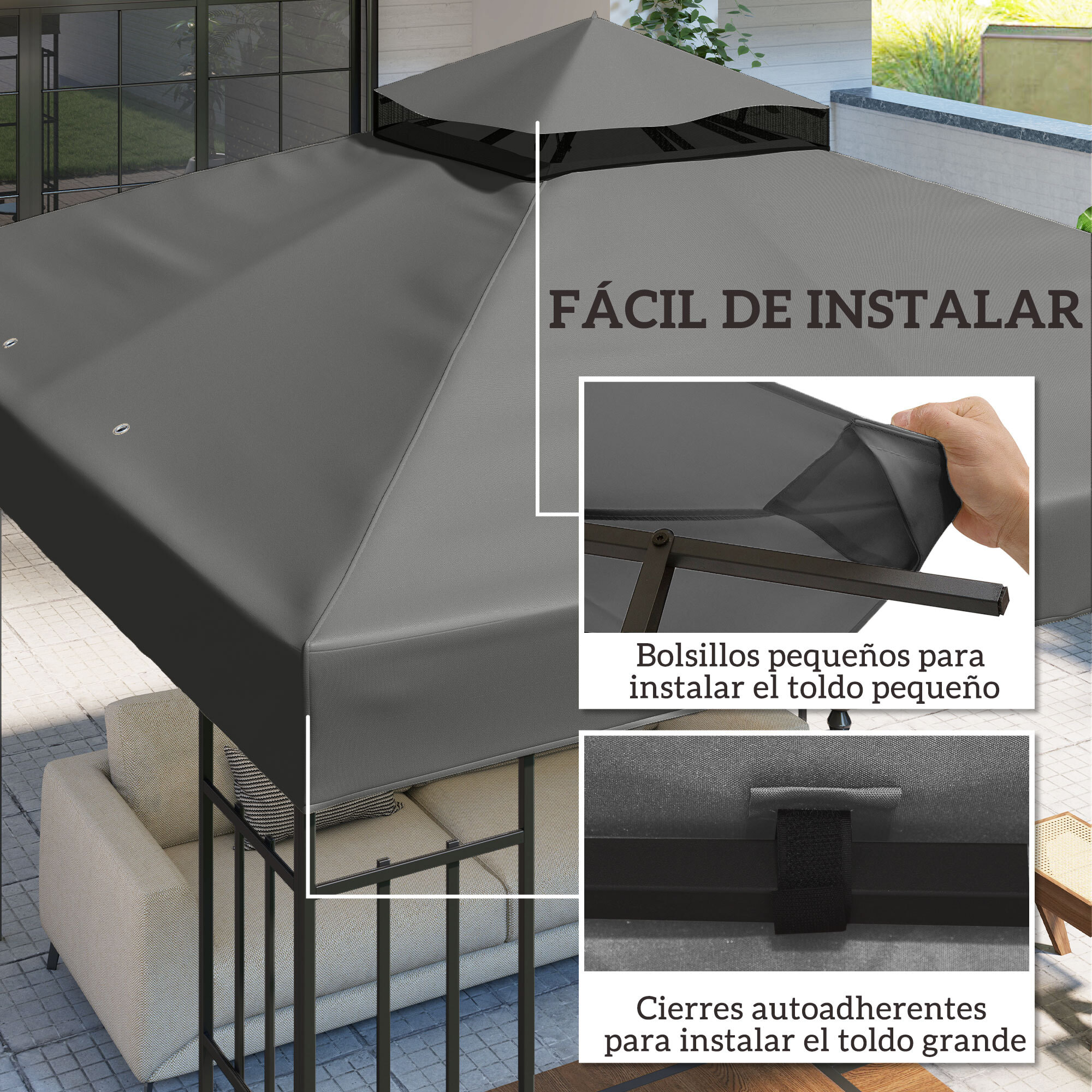 Techo de Repuesto para Cenador, 3x3 m, Cubierta de Repuesto con Techo Doble, Orificios de Drenaje y Protección UPF30+, SOLO Toldo de Recambio para Pabellón Gazebo, Gris Oscuro