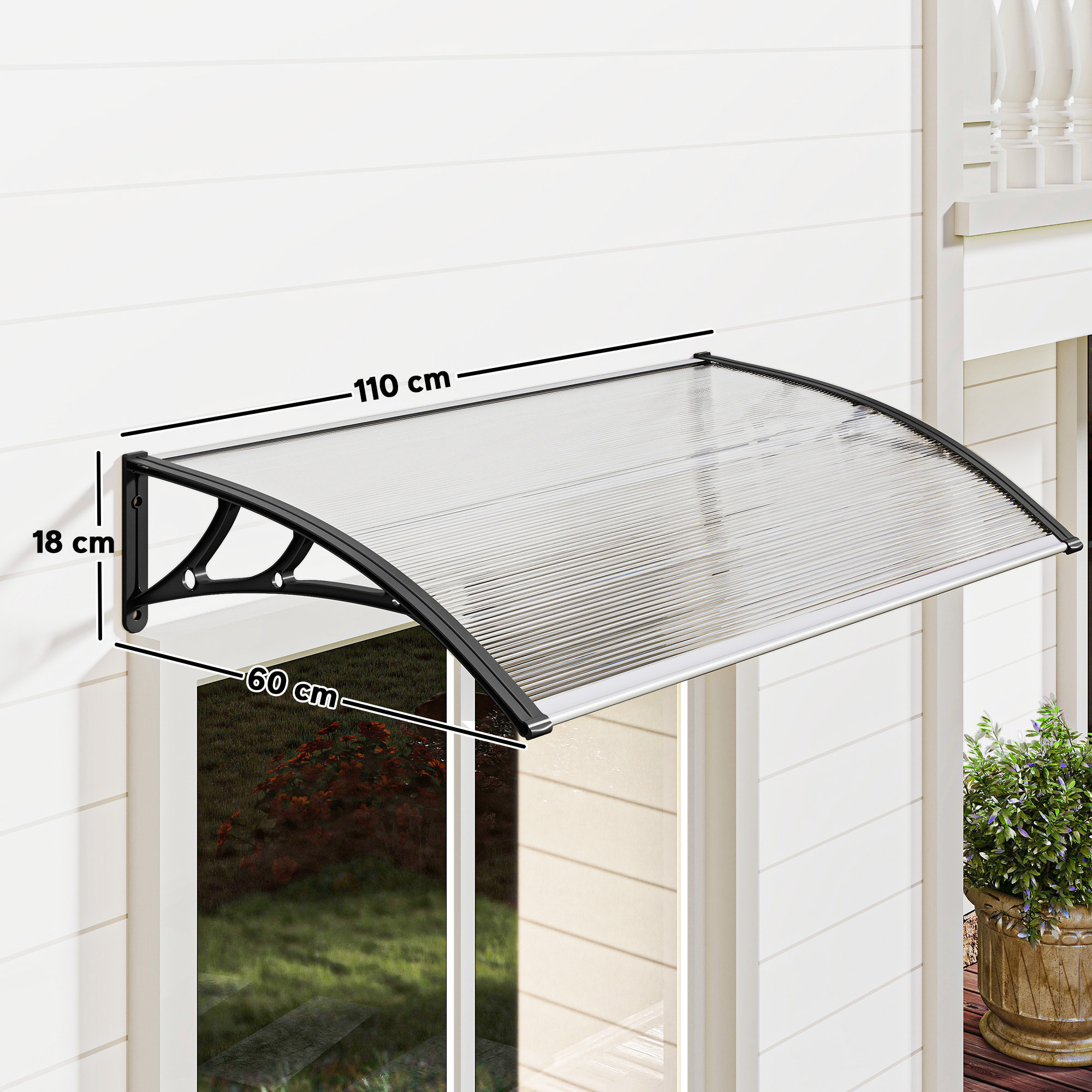 Auvent marquise de porte design voûté arrondi dim. 110x60x18cm alu polycarbonate plastique noir