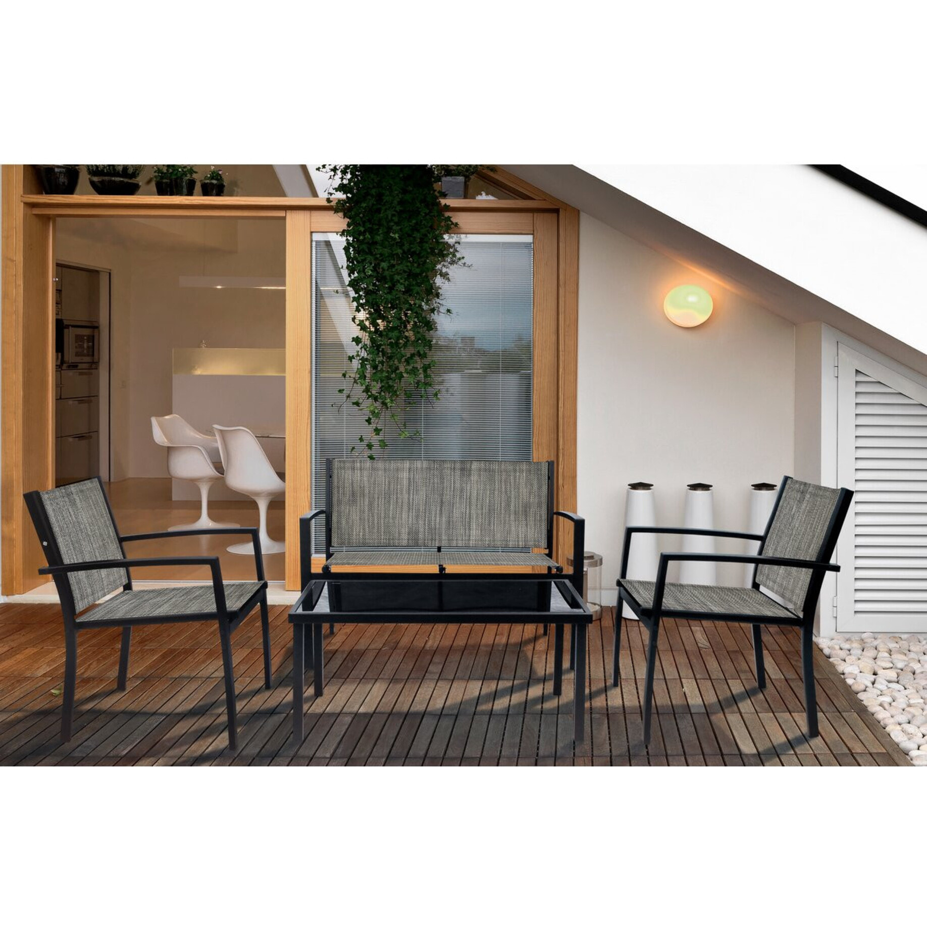 Salon de jardin bas "Lino" - 4 places  - Gris