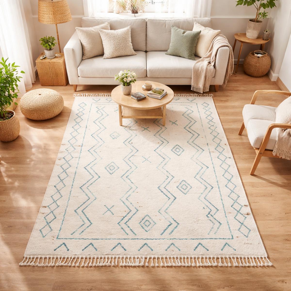Tapis Manu crème et vert motif traditionnel berbère